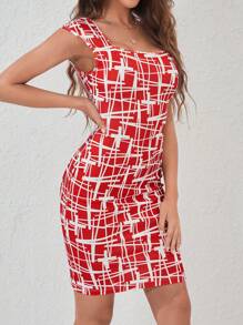 SHEIN Privé 幾何印花皇后領緊身洋裝 - 紅白色 - 查看 4