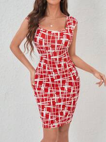 SHEIN Privé 幾何印花皇后領緊身洋裝 - 紅白色 - 查看 5