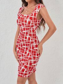 SHEIN Privé 幾何印花皇后領緊身洋裝 - 紅白色 - 查看 6