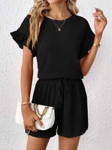 SHEIN Essnce Flounce Sleeve Top & Drawstring Waist Shorts - Black - View 3