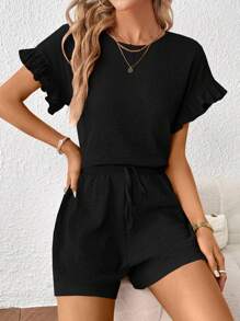 SHEIN Essnce Flounce Sleeve Top & Drawstring Waist Shorts - Black - View 5