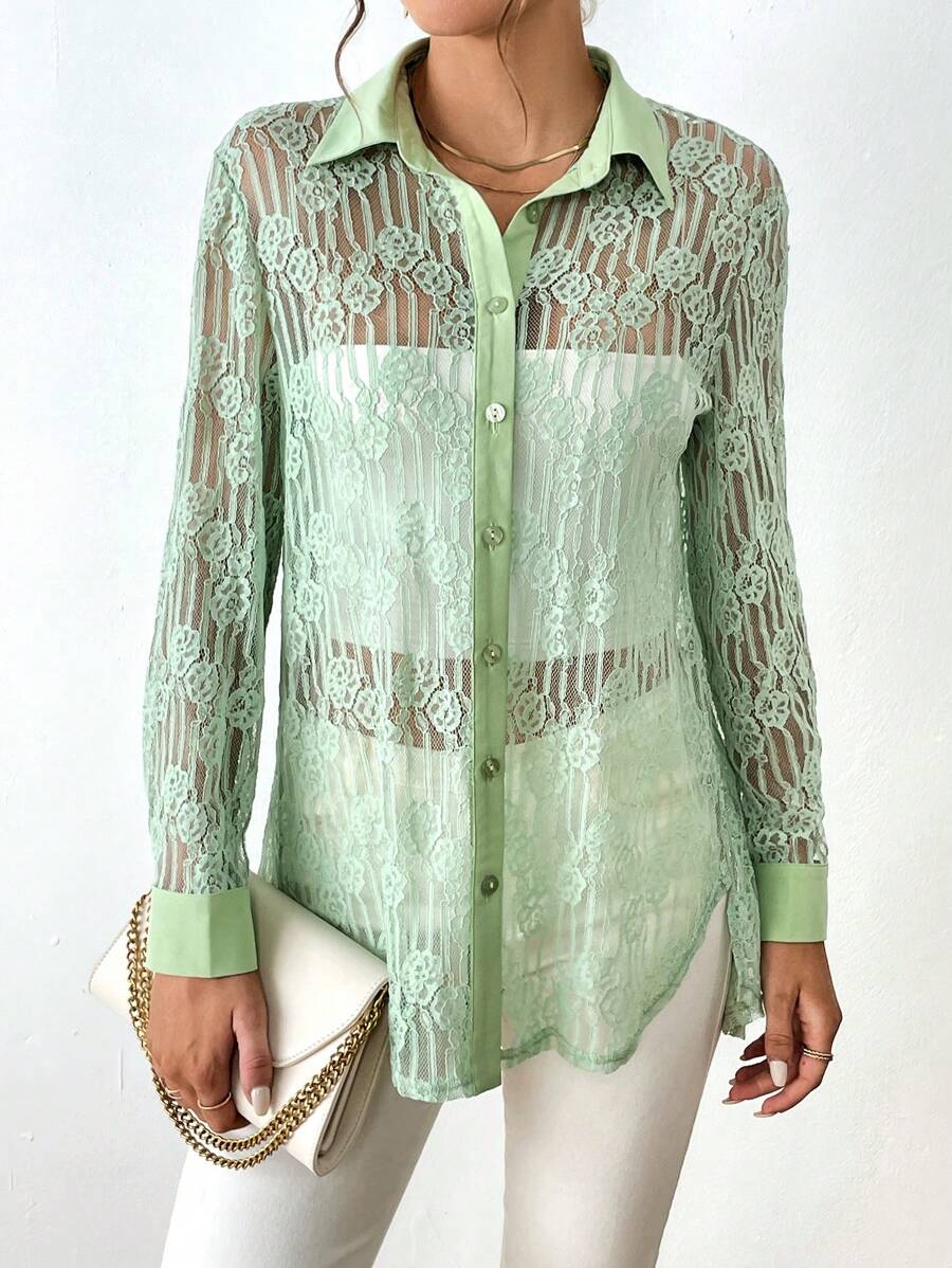 SHEIN Privé Shirt mit Knopf vorne, Spitze ohne Tube Top - Grün - Übersicht 1