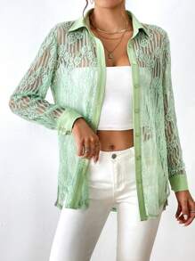SHEIN Privé Shirt mit Knopf vorne, Spitze ohne Tube Top - Grün - Übersicht 3