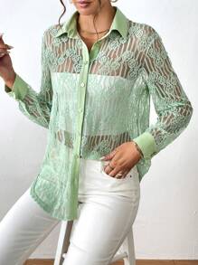 SHEIN Privé Shirt mit Knopf vorne, Spitze ohne Tube Top - Grün - Übersicht 4