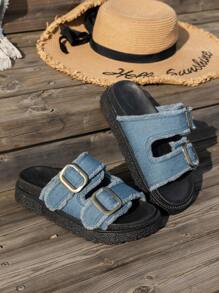 Sandales décontractées et de vacances pour femmes de couleur bleue à franges avec boucle et semelles épaisses à enfiler