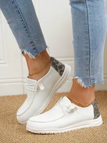 女性豹紋圖案前綁帶休閒鞋,運動戶外運動鞋 - 白色 - 查看 1