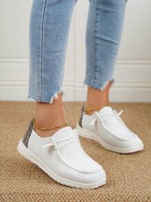 女性豹紋圖案前綁帶休閒鞋,運動戶外運動鞋 - 白色 - 查看 2