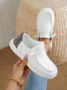 女性豹紋圖案前綁帶休閒鞋,運動戶外運動鞋 - 白色 - 查看 5