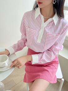 SHEINNeu 條紋印花口袋貼布襯衫 - 彩色 - 查看 6