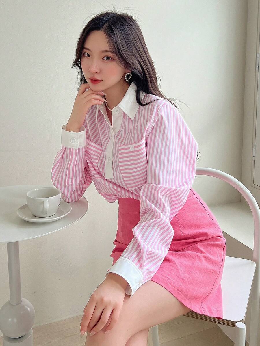 SHEINNeu 條紋印花口袋貼布襯衫 - 彩色 - 查看 1