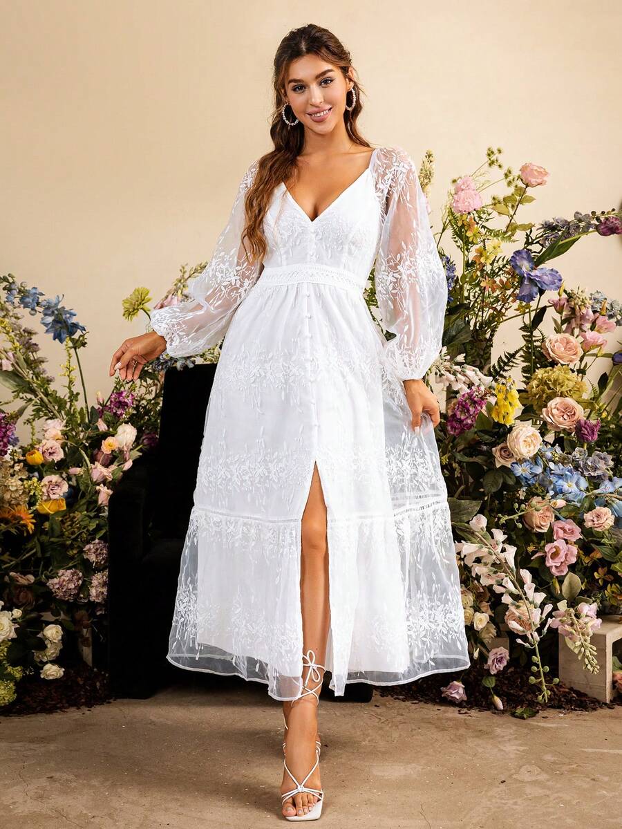Simplee 燈籠袖荷葉邊蕾絲覆蓋洋裝 - 白色 - 查看 1