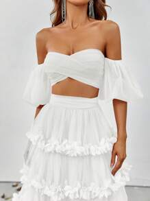 Elisanya 露肩泡泡袖短款上衣和层叠荷叶边薄纱裙套装 - 春夏优雅两件套服装，适合婚礼、花园派对、晚会 - 白色 - 查看 5