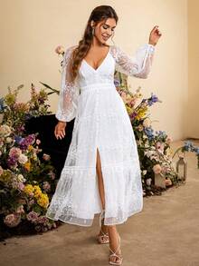 Simplee 燈籠袖荷葉邊蕾絲覆蓋洋裝 - 白色 - 查看 5