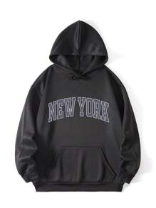 Flirla 加大码字母图案袋鼠口袋抽绳保暖卫衣 - 黑色 - 查看 1