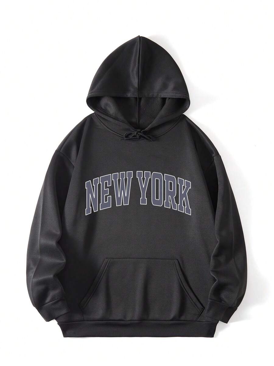 Flirla 加大码字母图案袋鼠口袋抽绳保暖卫衣 - 黑色 - 查看 1