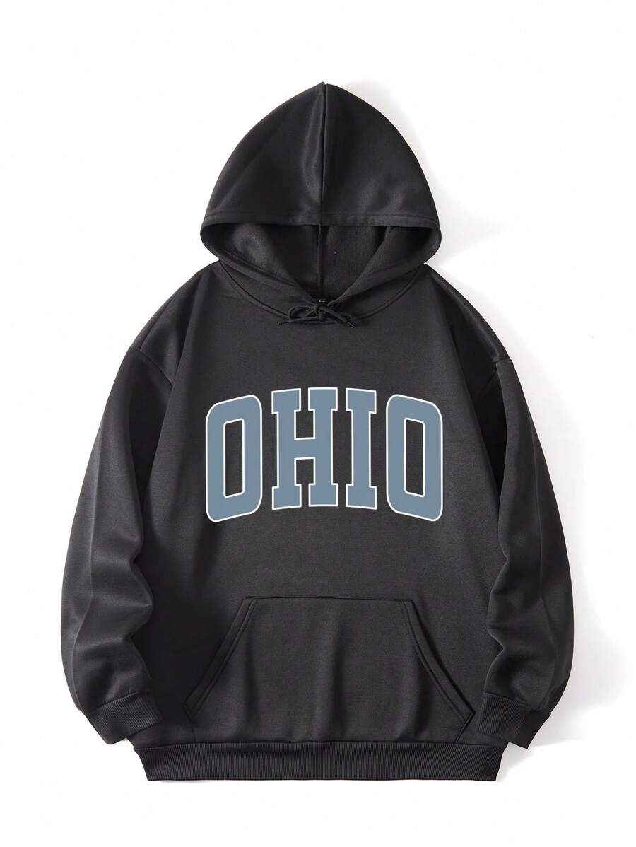 Flirla Áo nỉ giữ nhiệt cỡ lớn có in chữ, túi kangaroo và dây rút. - màu đen - Xem 1