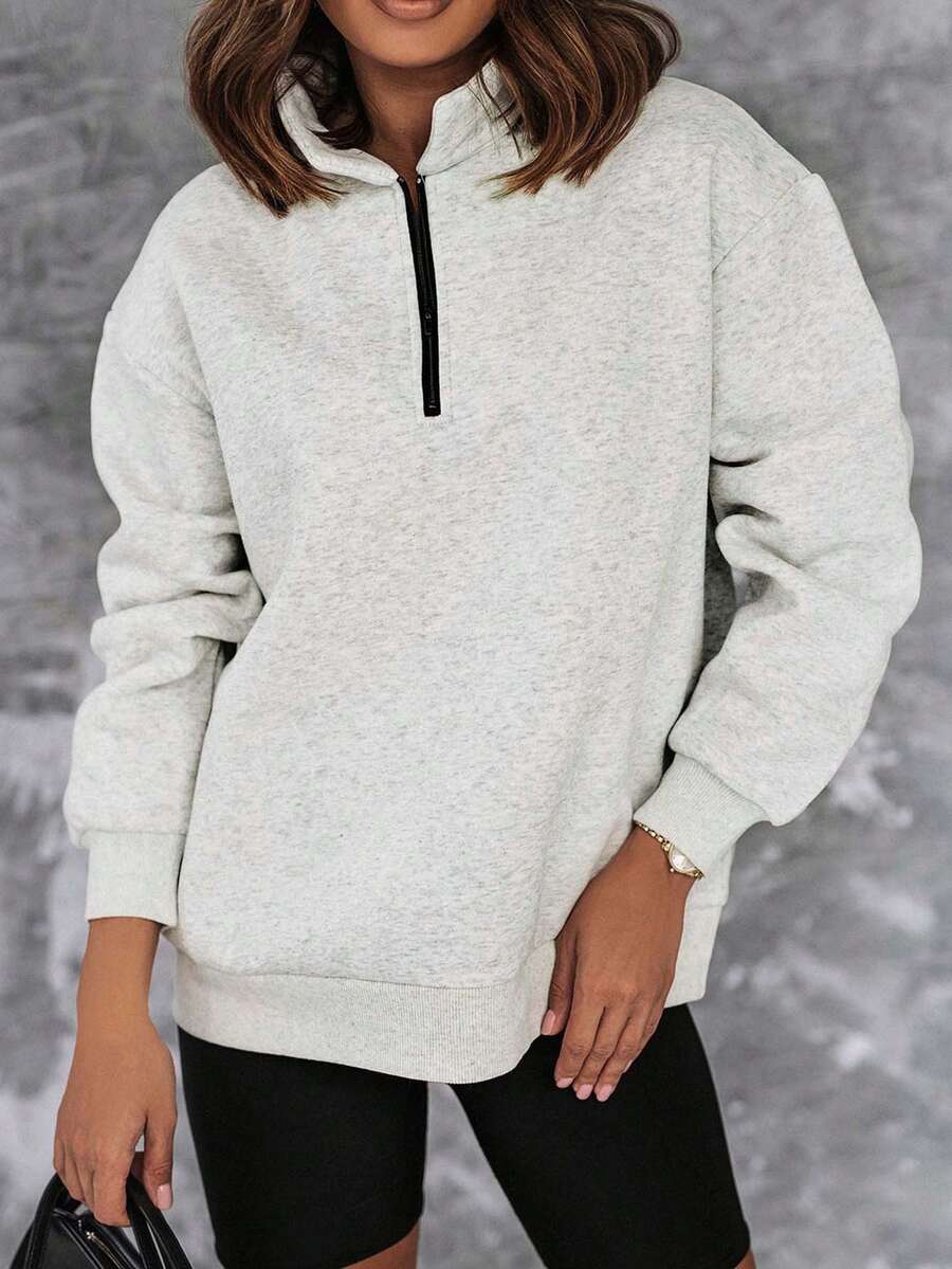 CILKOO Áo sweatshirt nữ màu trơn dáng rộng, cổ lửng, khóa kéo nửa vai, kiểu dáng thường ngày.