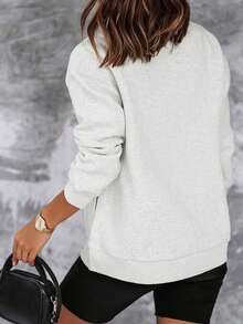 CILKOO Áo sweatshirt nữ màu trơn dáng rộng, cổ lửng, khóa kéo nửa vai, kiểu dáng thường ngày. - Xám - Xem 3