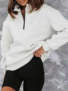 CILKOO Áo sweatshirt nữ màu trơn dáng rộng, cổ lửng, khóa kéo nửa vai, kiểu dáng thường ngày. - Xám - Xem 4