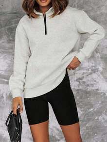 CILKOO Áo sweatshirt nữ màu trơn dáng rộng, cổ lửng, khóa kéo nửa vai, kiểu dáng thường ngày. - Xám - Xem 5