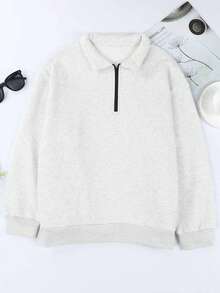 CILKOO Áo sweatshirt nữ màu trơn dáng rộng, cổ lửng, khóa kéo nửa vai, kiểu dáng thường ngày. - Xám - Xem 6