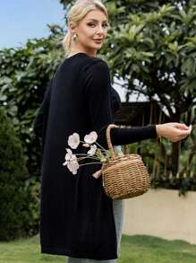 AAmilife Solid Open Front Longline Cardigan - Black - View 2