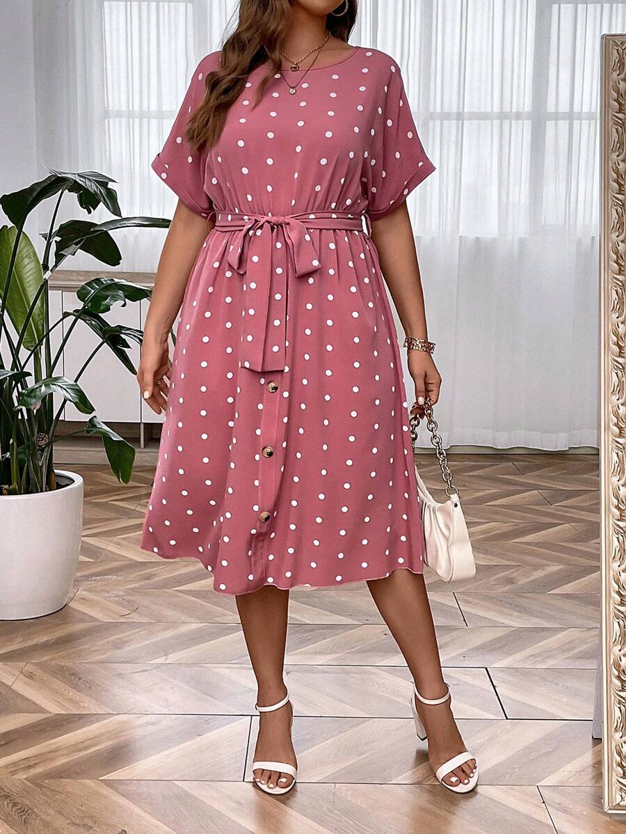 SHEIN Clasi Plus Polka Dot Print Batwing Sleeve Belted Dress - Pink - View 1