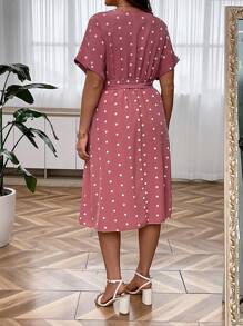 SHEIN Clasi Plus Polka Dot Print Batwing Sleeve Belted Dress - Pink - View 2