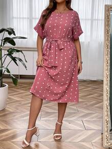 SHEIN Clasi Plus Polka Dot Print Batwing Sleeve Belted Dress - Pink - View 4