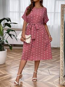 SHEIN Clasi Plus Polka Dot Print Batwing Sleeve Belted Dress - Pink - View 5