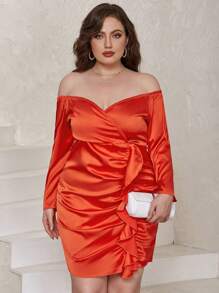 Eilly Bazar Plus Off Shoulder Ruched Ruffle Trim Satin Dress - Orange - View 1