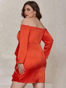 Eilly Bazar Plus Off Shoulder Ruched Ruffle Trim Satin Dress - Orange - View 2
