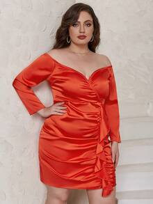 Eilly Bazar Plus Off Shoulder Ruched Ruffle Trim Satin Dress - Orange - View 4
