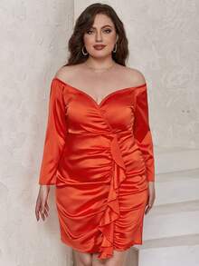 Eilly Bazar Plus Off Shoulder Ruched Ruffle Trim Satin Dress - Orange - View 5