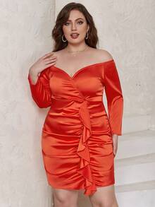 Eilly Bazar Plus Off Shoulder Ruched Ruffle Trim Satin Dress - Orange - View 6