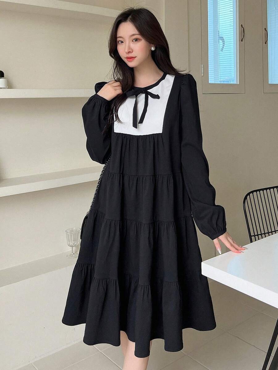 SHEINNeu 系带荷叶边下摆罩衫连衣裙