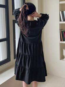 SHEINNeu 系带荷叶边下摆罩衫连衣裙