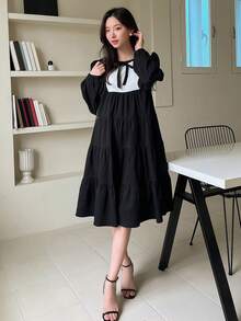 SHEINNeu 系带荷叶边下摆罩衫连衣裙