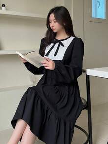 SHEINNeu 系带荷叶边下摆罩衫连衣裙