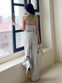 SHEINNeu 格紋印花撞色滾邊繞頸短上衣和褲子 - 白色 - 查看 2