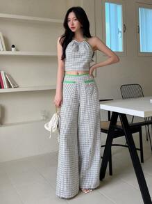 SHEINNeu 格紋印花撞色滾邊繞頸短上衣和褲子 - 白色 - 查看 3