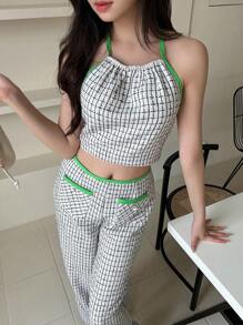 SHEINNeu 格紋印花撞色滾邊繞頸短上衣和褲子 - 白色 - 查看 4