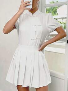 EastFlair 泡泡袖珍珠細節上衣＆褶皺裙