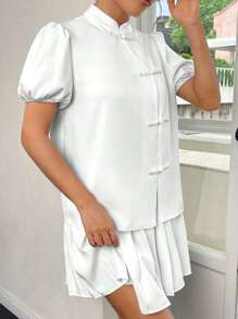 EastFlair 泡泡袖珍珠細節上衣＆褶皺裙