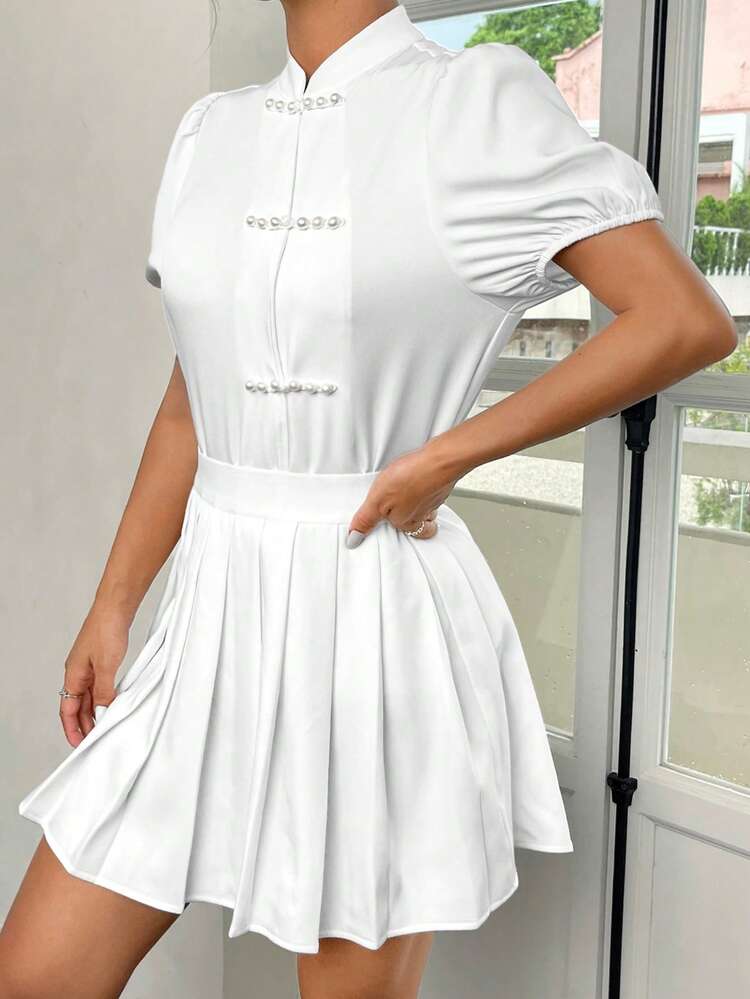 Puff Sleeve Pearls Detail Top & Pleated Skirt