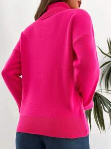 EURMUSE Turtleneck Drop Shoulder Sweater - Hot Pink - View 2