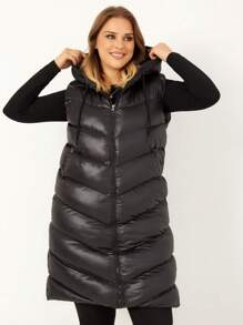 RueChic Plus Zip Up Drawstring Hooded Puffer Vest Coat - Black - View 5