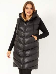 RueChic Plus Zip Up Drawstring Hooded Puffer Vest Coat - Black - View 3