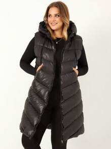 RueChic Plus Zip Up Drawstring Hooded Puffer Vest Coat - Black - View 1