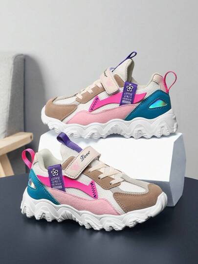 Girls Colorblock Hook-And-Loop Fastener Strap Sneakers For Outdoor Colorful Sneakers